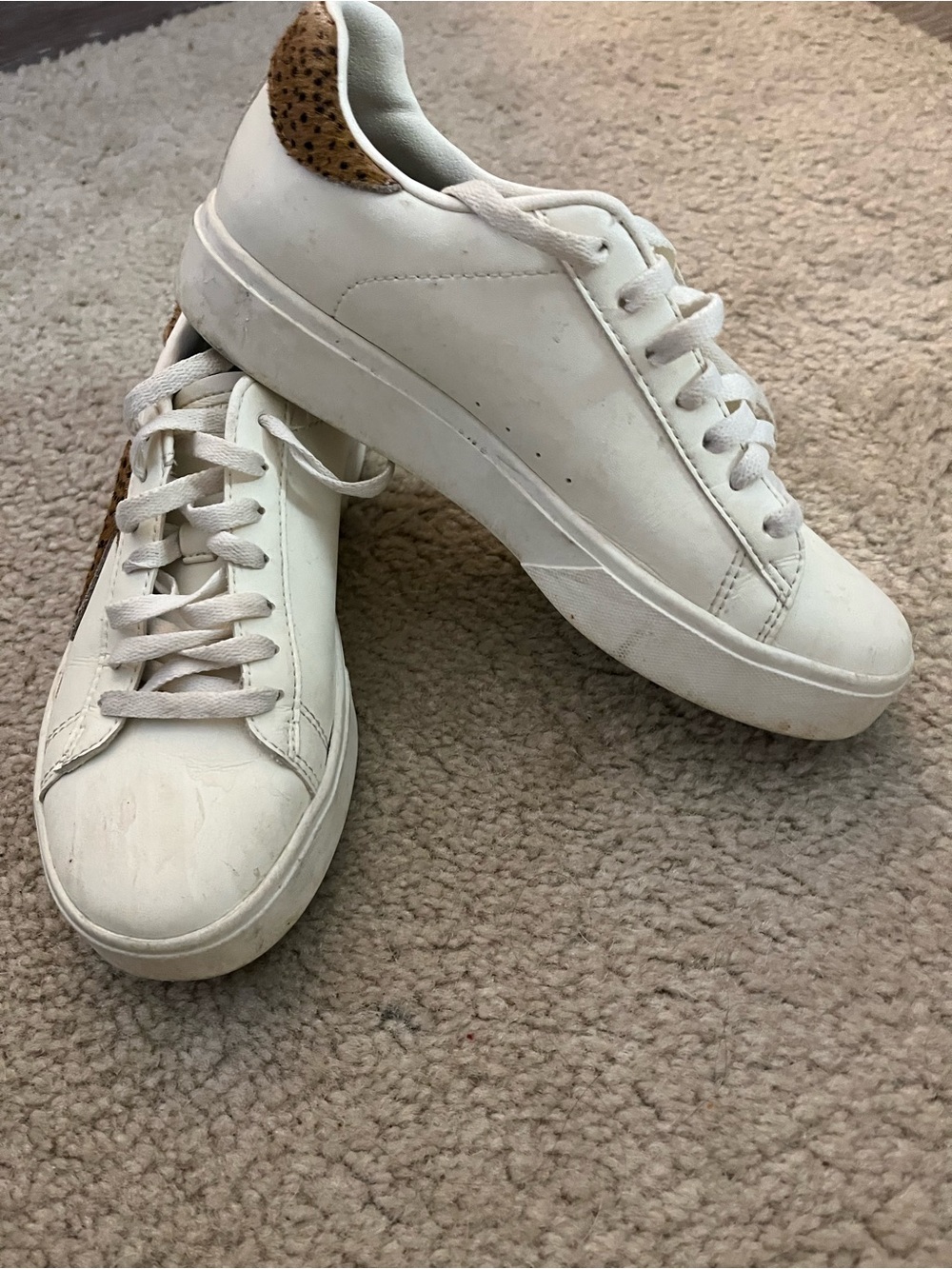 Sketchers white Lace-Up Sneakers with Leopard Accent - Women's Fashion Casual.